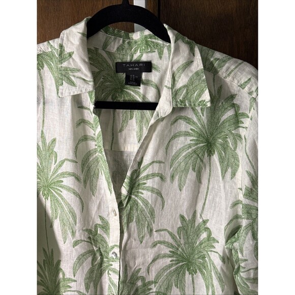 Tahari Shirt Women XL Off White Palm Linen Lagenlook Coastal Granny Cruise Long - Picture 3 of 6